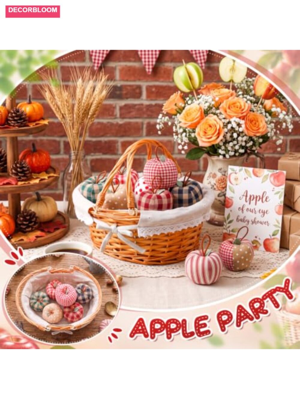 Fall Apple Basket Decor Set Farmhouse Centerpiece 10 Pc - Picture 2 of 5